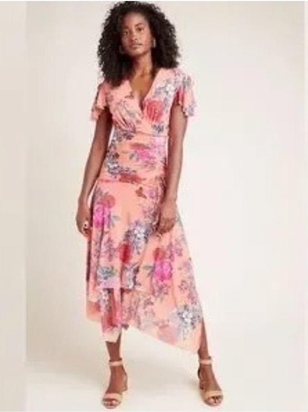 Anthropologie Maeve Simone Peach Floral High-Low Wrap Dress